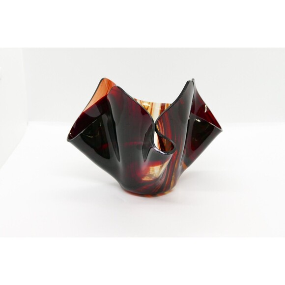 Vintage Handkerchief Art Glass Bowl Vase Red Wave Stripe Paper Folded Handmade - Picture 3 of 10